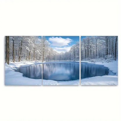 3pcs Snowy Woodland Forest with Frozen Lake F  Wall Art Set Canvas Framed 60x90cm - High Quality Print 100% Australian Made Wall Canvas Ready to Hang