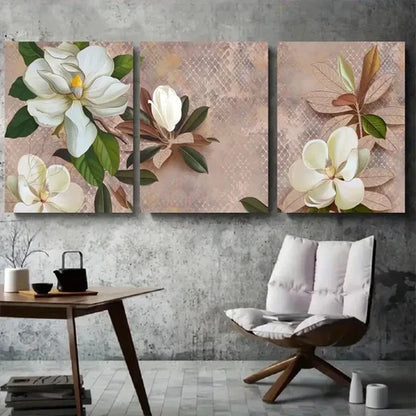 3pcs White Magnolia Botanical Branch Wall Art Canvas Unframed - High Quality Print 100% Australian Made Wall Canvas