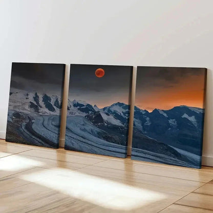 3pcs Red Moon and Snow Mountains Landscape Wall Art Set Canvas Framed 40x60cm - High Quality Print 100% Australian Made Wall Canvas Ready to Hang - Bella Home Decor