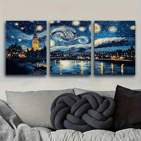 3pcs Van Gogh's Starry Night Tribute Vintage Wall Art Canvas Unframed - High Quality Print 100% Australian Made Wall Canvas - Bella Home Decor