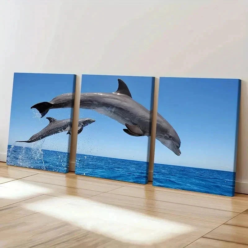 3pcs Vibrant Dolphins Leaping from the Ocean Wall Art Set Canvas Framed 50x70cm - High Quality Print 100% Australian Made Wall Canvas Ready to Hang