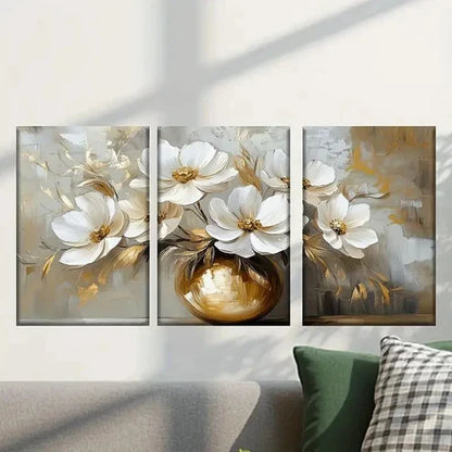 3pcs Elegant White Flowers in Golden Vase  Wall Art Set Canvas Unframed - High Quality Print 100% Australian Made Wall Canvas
