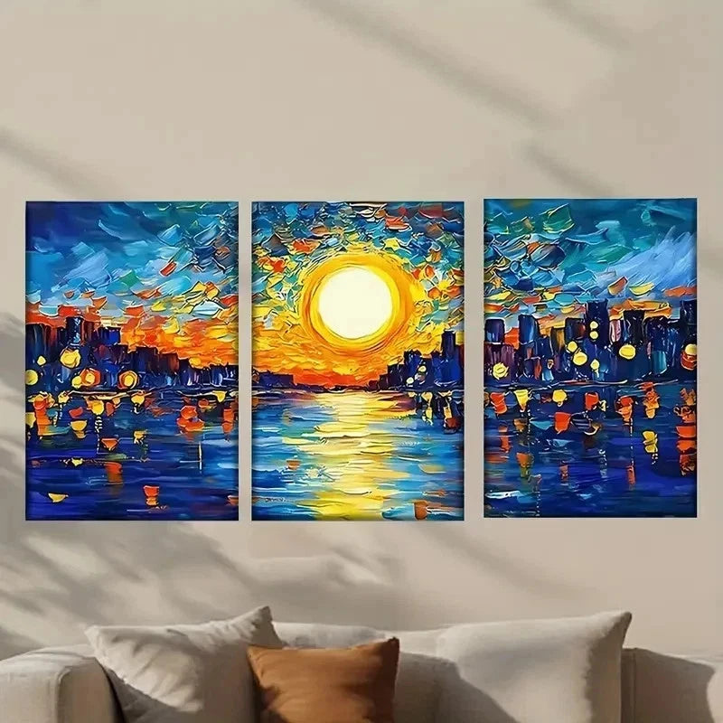 3pcs Painting of a City at Sunset Wall Art Set Canvas Framed 50x70cm - High Quality Print 100% Australian Made Wall Canvas Ready to Hang