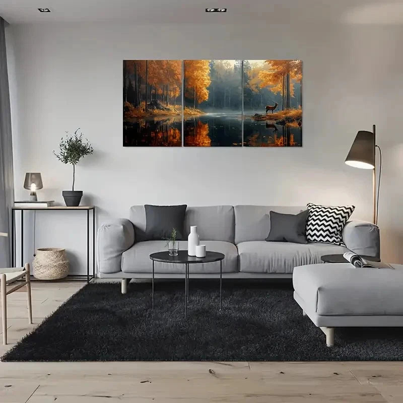 3pcs Autumn Forest Lake Deer Nature Metal Print Ready to Hang Art - Bella Home Decor