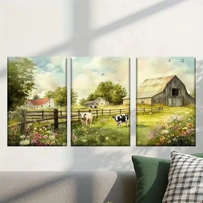 3pcs Farm with a Cow And Barn Painting Wall Art Canvas Unframed - High Quality Print 100% Australian Made Wall Canvas