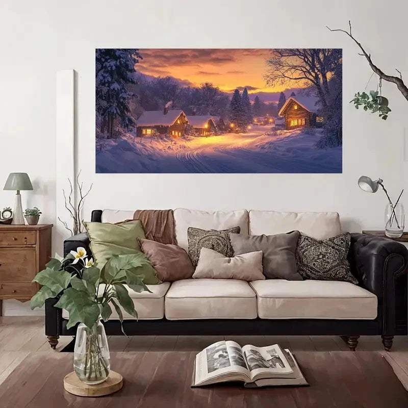 Winter Cabin Scene Snowy Wall Art Canvas Office Home Room Framed 120x60cm