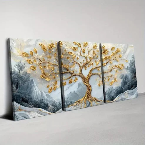 3pcs Elegant Golden Tree with Mountains Abstract Wall Art Set Canvas Framed 60x90cm - High Quality Print 100% Australian Made Wall Canvas Ready to Hang