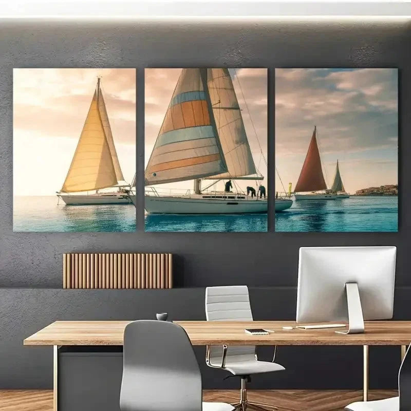 3pcs Sailboat Seascape Impressionist    Wall Art Set Canvas Framed 50x70cm - High Quality Print 100% Australian Made Wall Canvas Ready to Hang