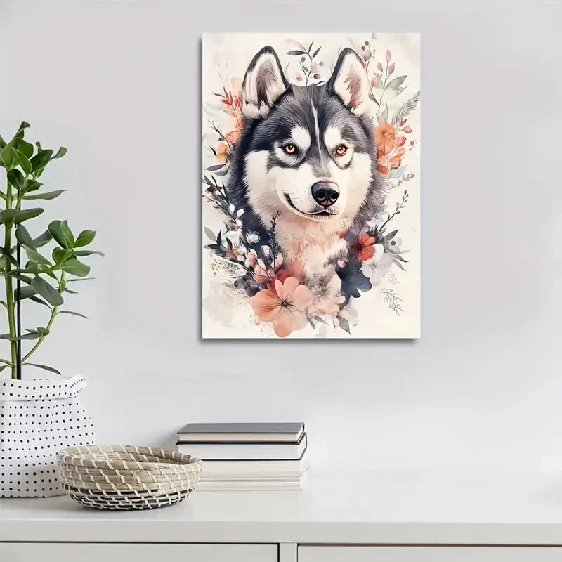 Cute Siberian Husky with Vibrant Flowers Painting 40x60cm Metal Print Ready to Hang