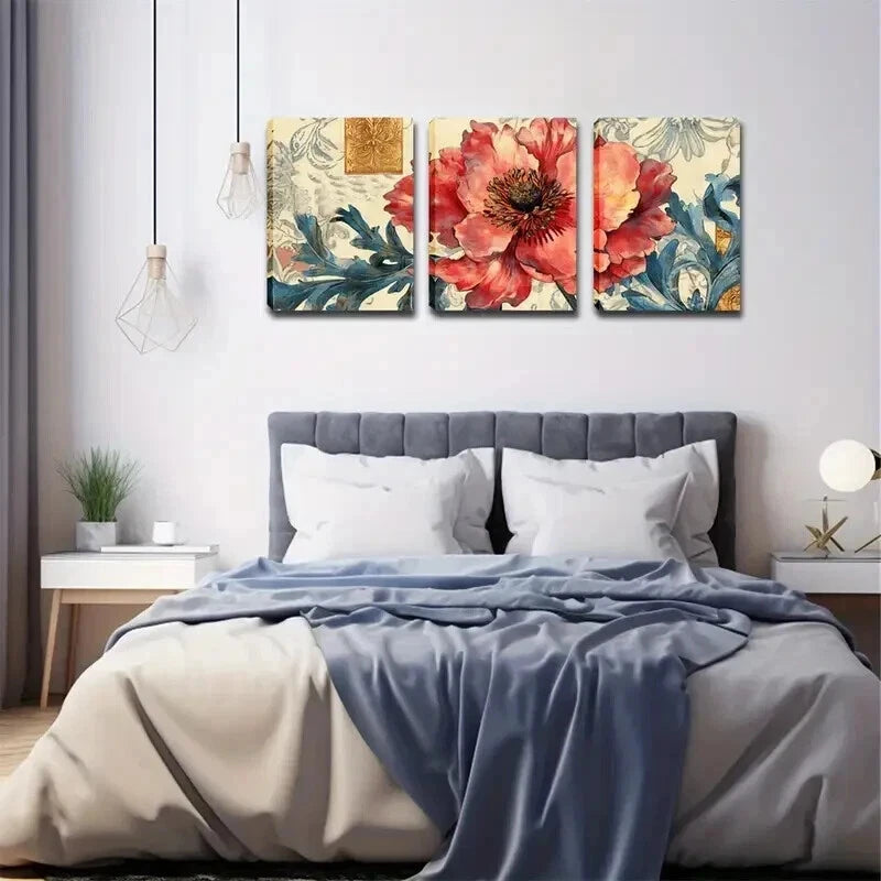 3pcs Vibrant Red Flowers & Green Leaves Perfect Wall Art Set Canvas Framed 40x60cm - High Quality Print 100% Australian Made Wall Canvas Ready to Hang - Bella Home Decor