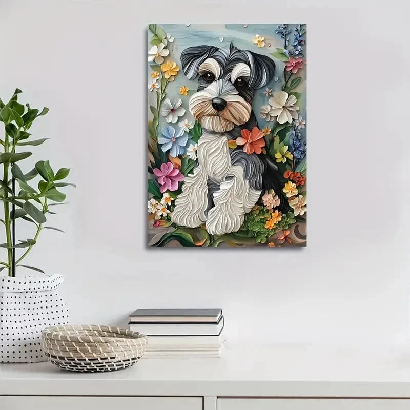 Cute Schnauzer Dog with Flowers & Plants Painting 40x60cm Metal Print Ready to Hang - Bella Home Decor
