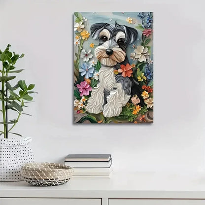 Cute Schnauzer Dog with Flowers & Plants Painting 40x60cm Metal Print Ready to Hang - Bella Home Decor