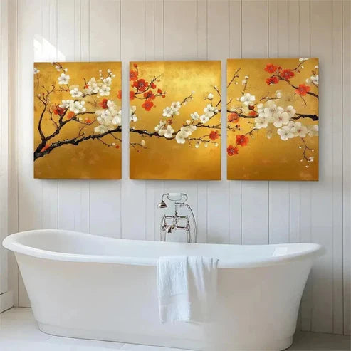 3pcs Golden Plum Blossom Branches Floral Perfect Wall Art Canvas Unframed - High Quality Print 100% Australian Made Wall Canvas - Bella Home Decor