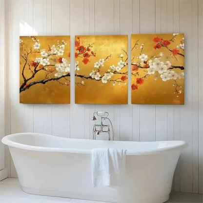 3pcs Golden Plum Blossom Branches Floral Perfect Wall Art Canvas Unframed - High Quality Print 100% Australian Made Wall Canvas - Bella Home Decor