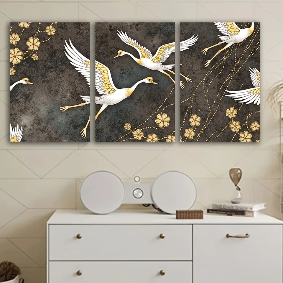 3pcs Crane Flight Golden & White Floral Design Wall Art Set Canvas Framed 50x70cm - High Quality Print 100% Australian Made Wall Canvas Ready to Hang - Bella Home Decor