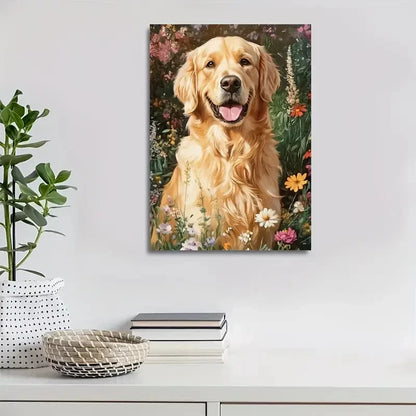 Golden Retriever Dog with Flowers & Plants 40x60cm Metal Print Ready to Hang - Bella Home Decor