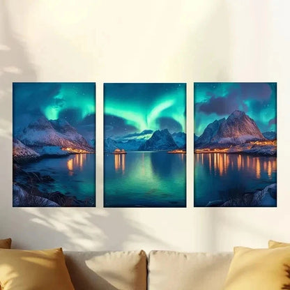 3pcs  Northern Lights Over Mountain Lake Wall Art Set Canvas Framed 40x60cm - High Quality Print 100% Australian Made Wall Canvas Ready to Hang - Bella Home Decor