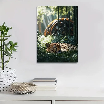 Cheetah in Steampunk Bamboo Grove Painting 40x60cm Metal Print Ready to Hang
