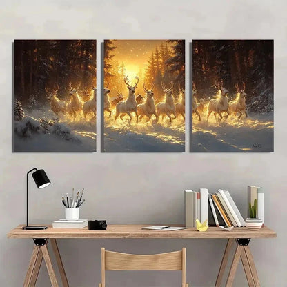 3pcs Charming Winter Village with Snow Deer Wall Art Set Canvas Framed 60x90cm - High Quality Print 100% Australian Made Wall Canvas Ready to Hang - Bella Home Decor