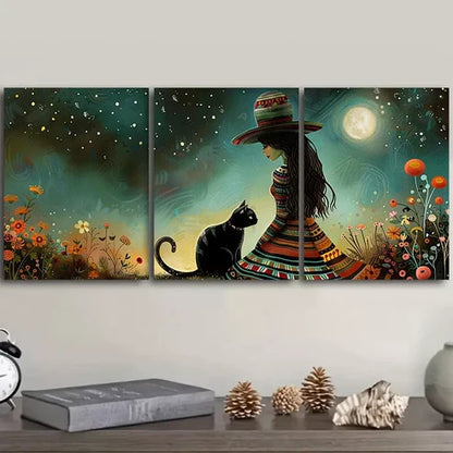 3pcs The Woman Is Next To The Cat Wall Art Canvas Unframed - High Quality Print 100% Australian Made Wall Canvas