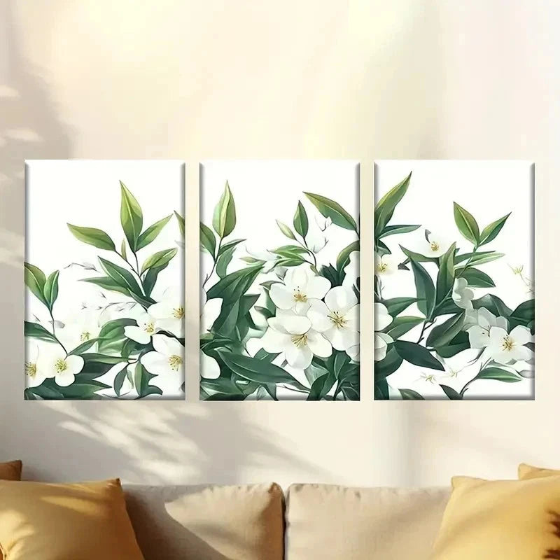 3pcs White flower with green leaves Wall Art Set Canvas Framed 40x60cm - High Quality Print 100% Australian Made Wall Canvas Ready to Hang