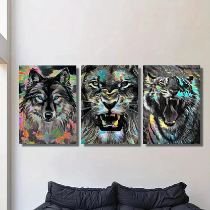 3pcs Wolf Lion and Tiger Head Portraits Wall Art Canvas Unframed - High Quality Print 100% Australian Made Wall Canvas
