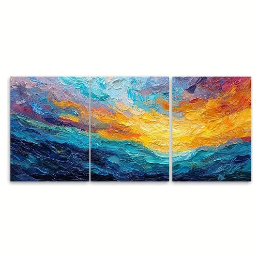 3pcs Abstract Sunrise Ocean Oil Painting Wall Art Set Canvas Framed 50x70cm - High Quality Print 100% Australian Made Wall Canvas Ready to Hang