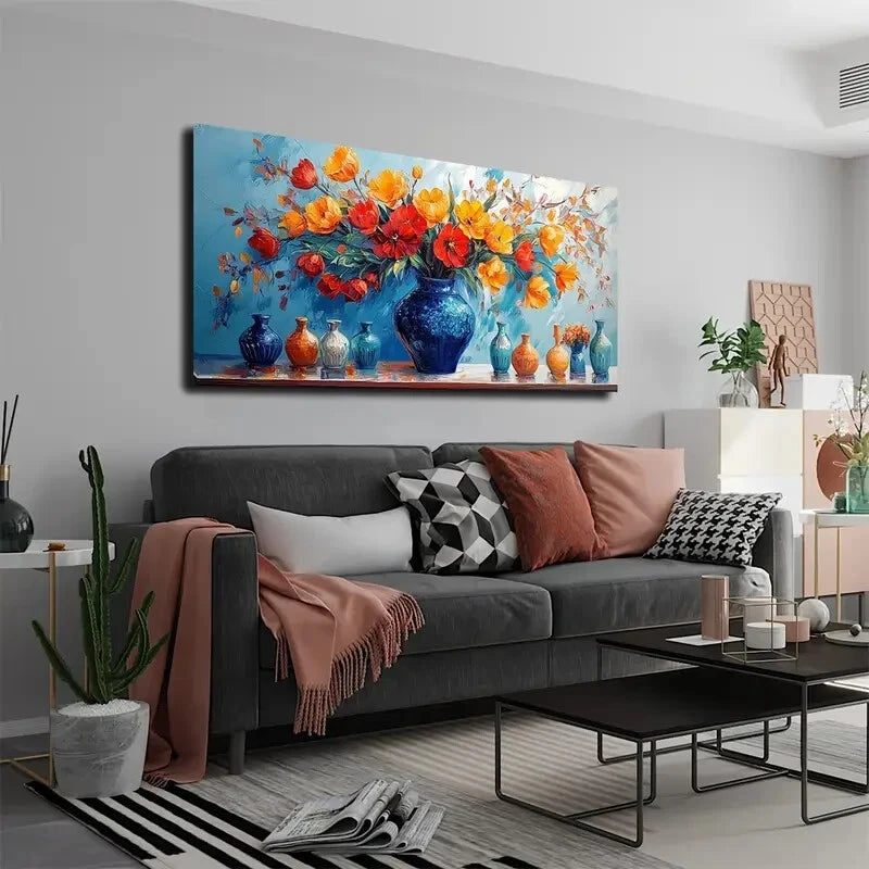 Vibrant Blue Vase Red Tulips Wall Art Canvas Office Home Room Framed 120x60cm - Bella Home Decor