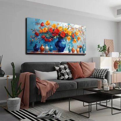 Vibrant Blue Vase Red Tulips Wall Art Canvas Office Home Room Framed 120x60cm - Bella Home Decor