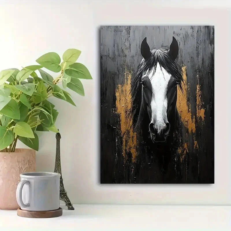 Beautiful Black & White Horse Golden Accents Painting 40x60cm Metal Print Ready to Hang - Bella Home Decor