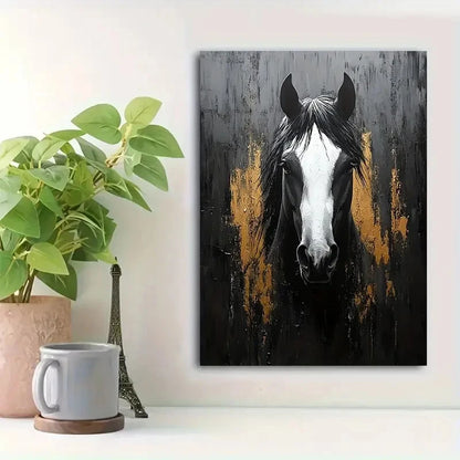 Beautiful Black & White Horse Golden Accents Painting 40x60cm Metal Print Ready to Hang - Bella Home Decor