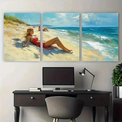 3pcs Lady Relaxing On Beach Nature Perfect Wall Art Set Canvas Framed 50x70cm - High Quality Print 100% Australian Made Wall Canvas Ready to Hang
