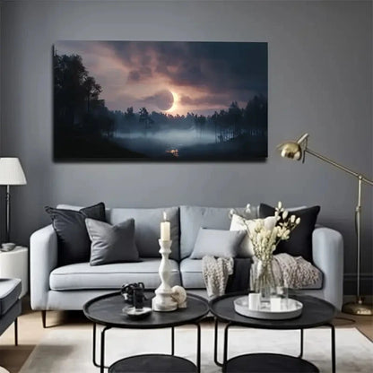 Living room with a large wall art piece depicting a sunset over a forest.