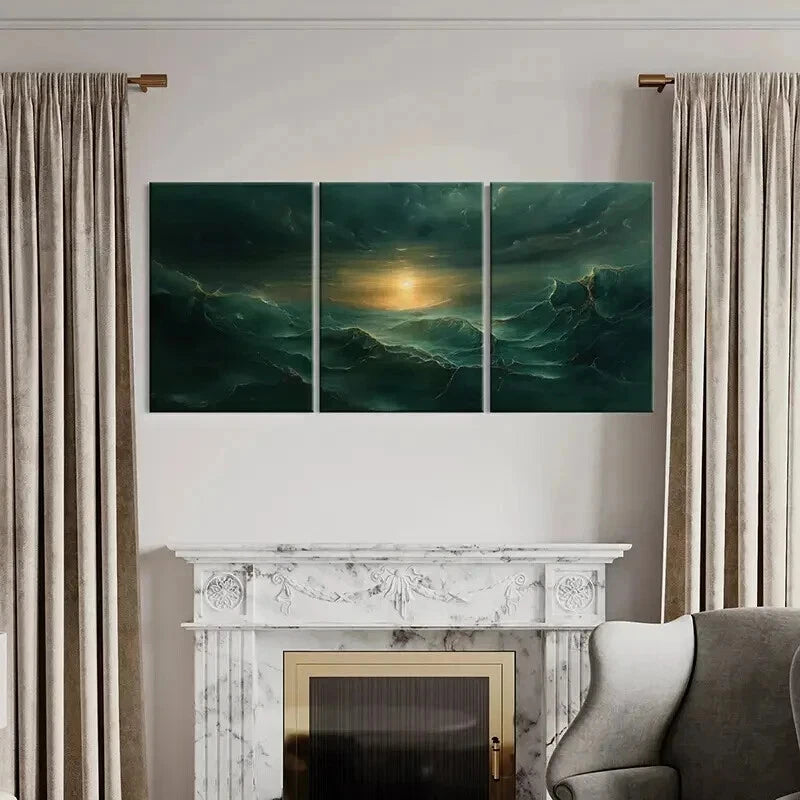 3pcs Mystical Golden Waves & Dark Clouds Wall Art Set Canvas Framed 60x90cm - High Quality Print 100% Australian Made Wall Canvas Ready to Hang - Bella Home Decor