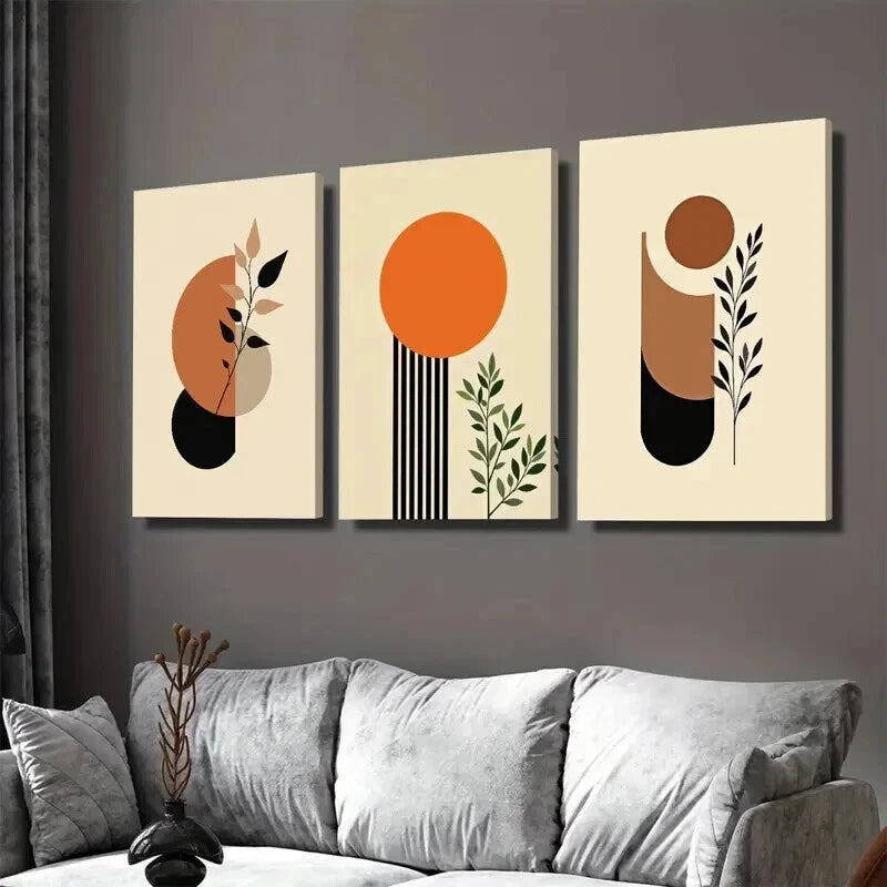 3pcs Minimalist Botanical Geometric Shapes Wall Art Set Canvas Framed 50x70cm - High Quality Print 100% Australian Made Wall Canvas Ready to Hang