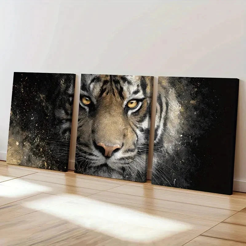 3pcs Tiger Golden Eyes & Abstract Splatter Art  Wall Art Set Canvas Framed 40x60cm - High Quality Print 100% Australian Made Wall Canvas Ready to Hang - Bella Home Decor