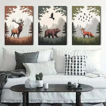 3pcs Deer, Bear, Fox, Pine Trees Wall Art Canvas Unframed - High Quality Print 100% Australian Made Wall Canvas - Bella Home Decor