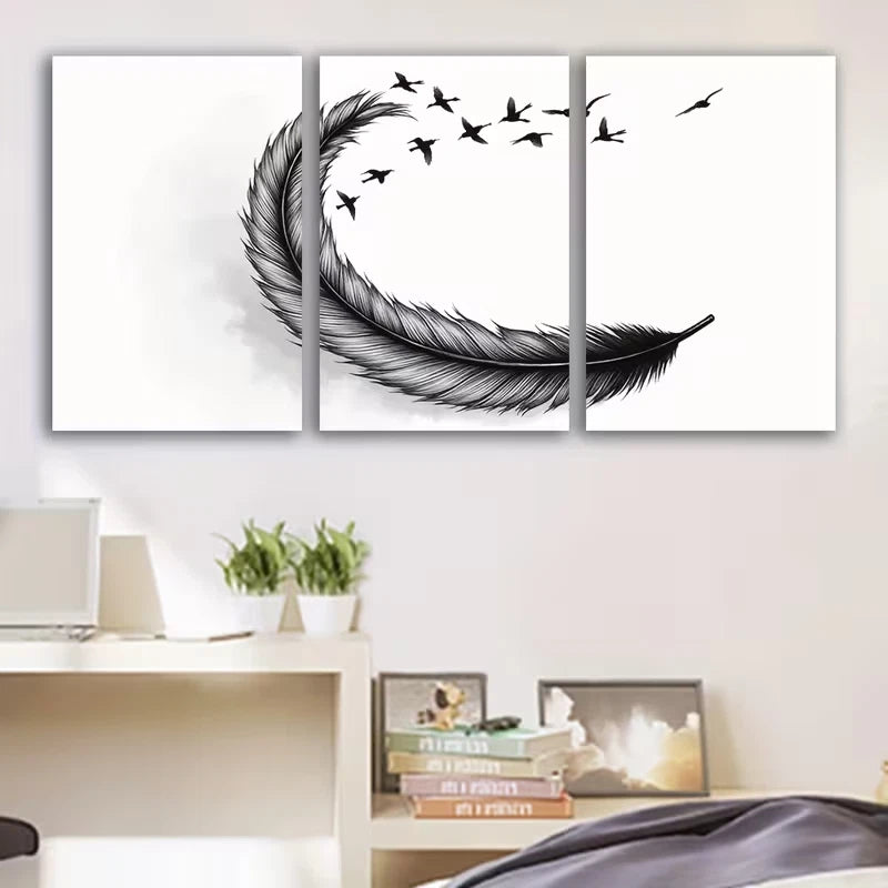 3pcs Black and White Feather Painting Wall Art Set Canvas Framed 40x60cm - High Quality Print 100% Australian Made Wall Canvas Ready to Hang - Bella Home Decor