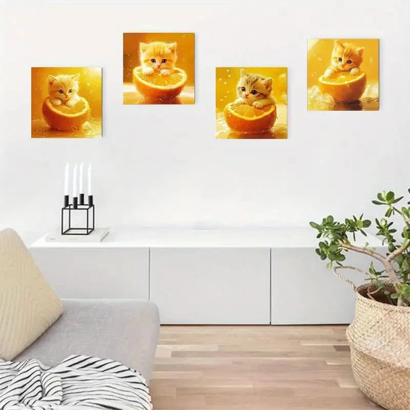 4pcs Playful Kitten & Orange Slices Wall Art Canvas Framed