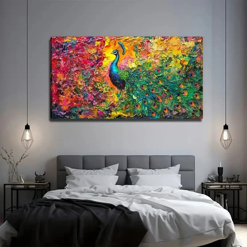 Vibrant Peacock Modern Bohemian Wall Art Canvas Office Home Room Framed 120x60cm