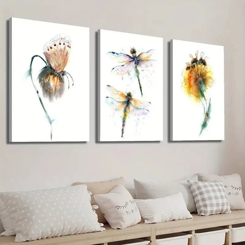 3pcs Dragonfly Butterfly Flower Lovers Perfect Wall Art Set Canvas Framed 40x60cm - High Quality Print 100% Australian Made Wall Canvas Ready to Hang - Bella Home Decor