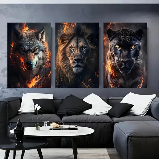 3pcs Fierce Wolf, Lion, and Leopard Wall Art Set Canvas Framed 60x90cm - High Quality Print 100% Australian Made Wall Canvas Ready to Hang