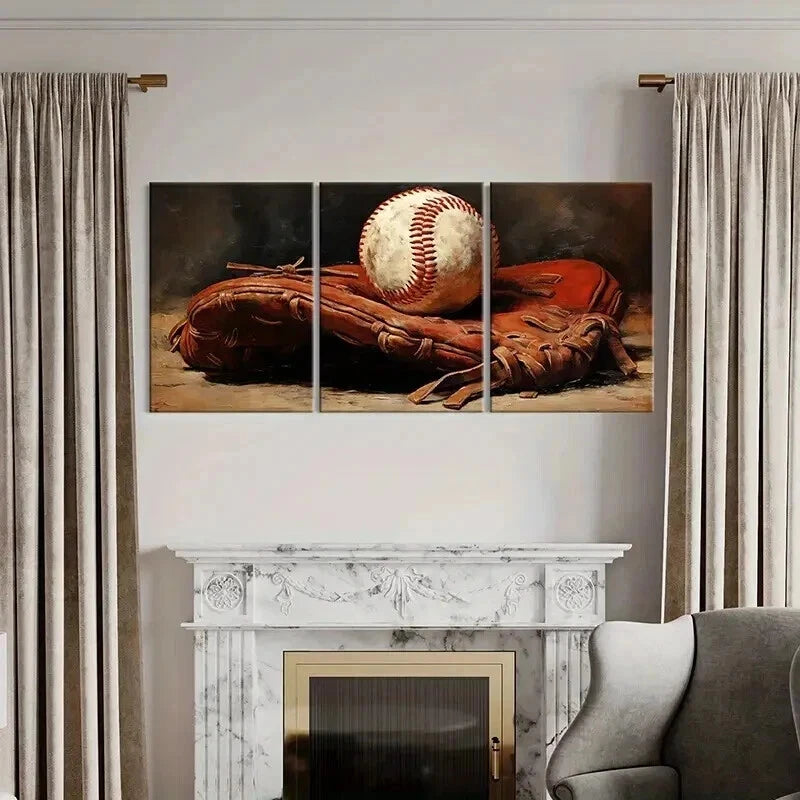 3pcs Vintage Inspired Baseball and Glove Wall Art Set Canvas Framed 50x70cm - High Quality Print 100% Australian Made Wall Canvas Ready to Hang - Bella Home Decor