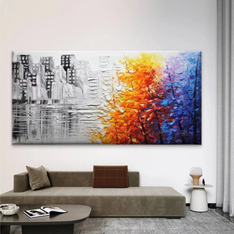 Abstract Cityscape & Autumn Wall Art Canvas Office Home Room Framed 120x60cm
