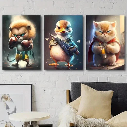 3pcs Lion Cub Soldier Duck & Superhero Kitten Wall Art Canvas Unframed - High Quality Print 100% Australian Made Wall Canvas