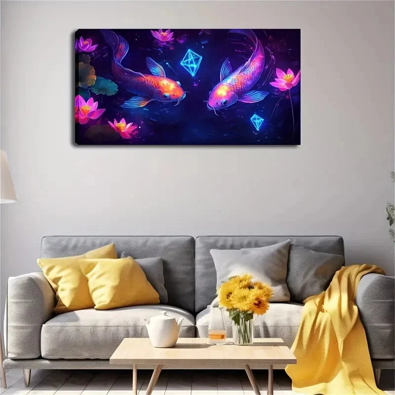 Vibrant Goldenfish  Pink Lotus Wall Art Canvas Office Home Room Framed 120x60cm