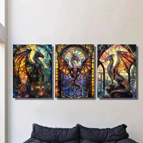 3pcs Science Fiction Dragon Illustrations Wall Art Canvas Unframed - High Quality Print 100% Australian Made Wall Canvas