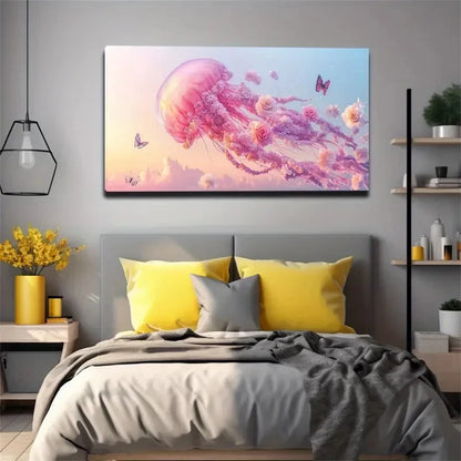 Pink Jellyfish & Butterflies Wall Art Canvas Office Home Room Framed 120x60cm