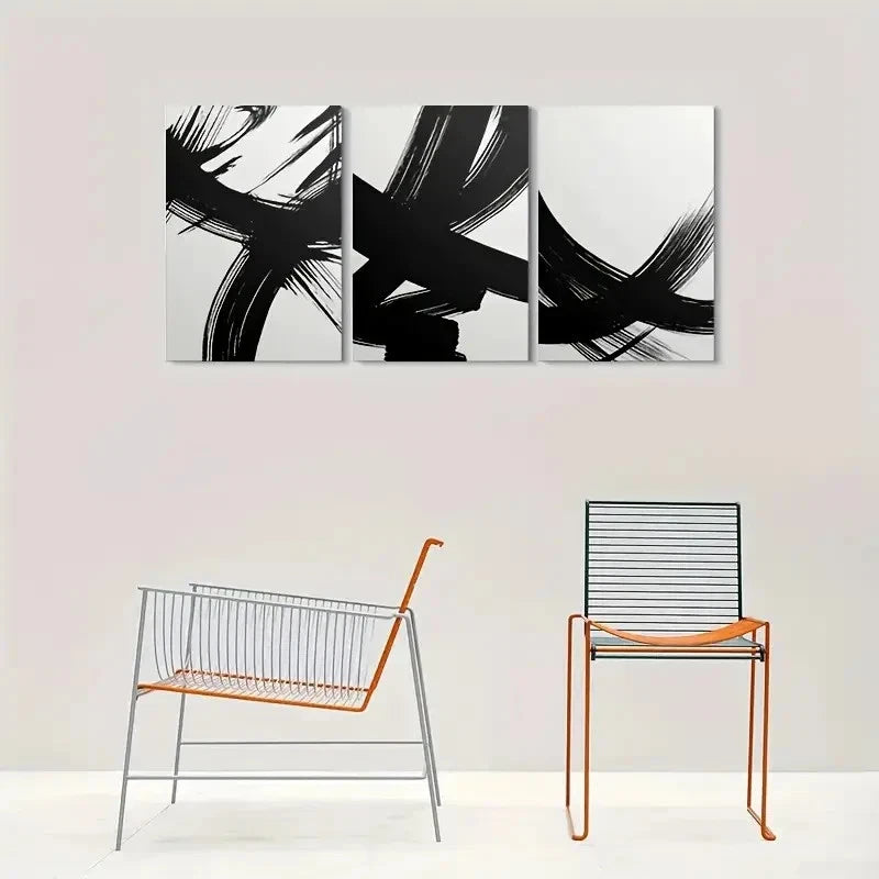 3pcs Abstract Black and White Brushstroke Metal Print Ready to Hang Art - Bella Home Decor