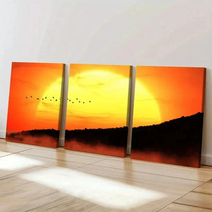 3pcs Mountain At Sunset Birds Vintage Wall Art Set Canvas Framed 50x70cm - High Quality Print 100% Australian Made Wall Canvas Ready to Hang